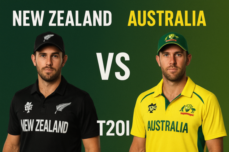 New Zealand aur Australia ke cricketers T20 match me action me, ball ko hit karte hue aur crowd cheering karte hue